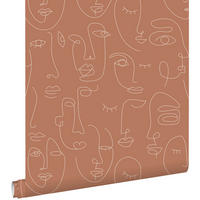TAPETE Line Art Gesichter 53 cm x 10.05 m - Terracotta, Papier (53/1000cm) - ESTAhome
