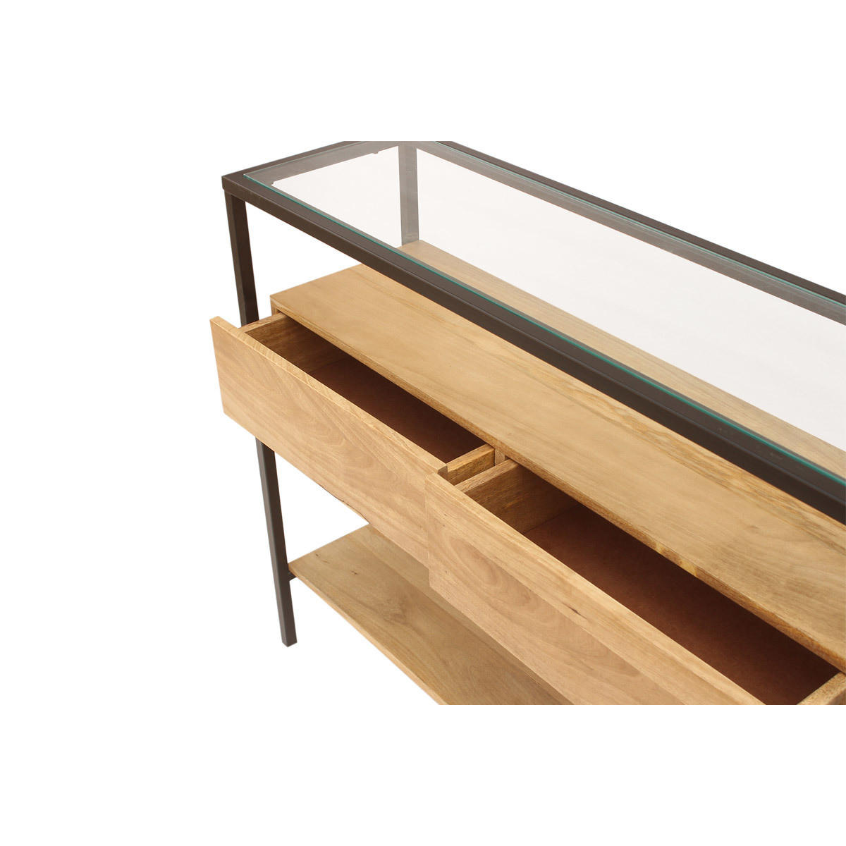 KONSOLE Massiv Mangoholz Glasplatte 2 Schubladen B100 SITA - Eiche Bianco, Holz (100/30/80cm) - Miliboo