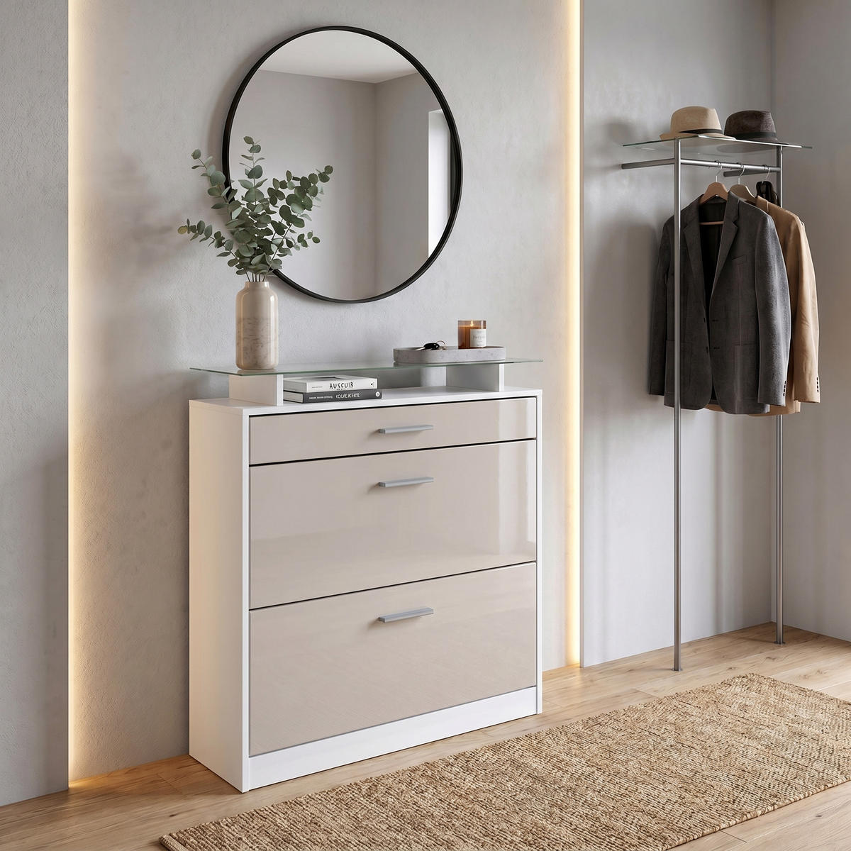 SCHUHSCHRANK Loret Front in Sandgrau Hochglanz - Sandfarben, Holzwerkstoff (89/104/23cm) - Vladon