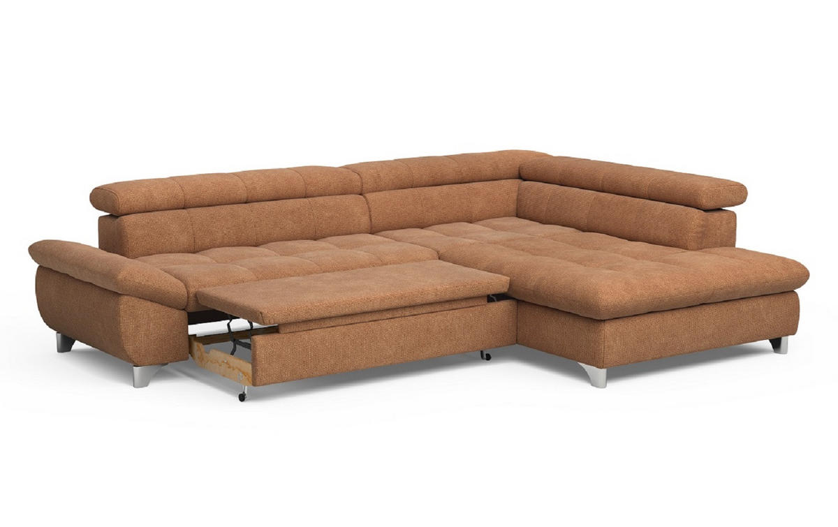 ECKSOFA mit Schlaffunktion und verstellbare Kopflehnen - Cognac/Silberfarben, Textil/Metall (234/312cm) - Cotta