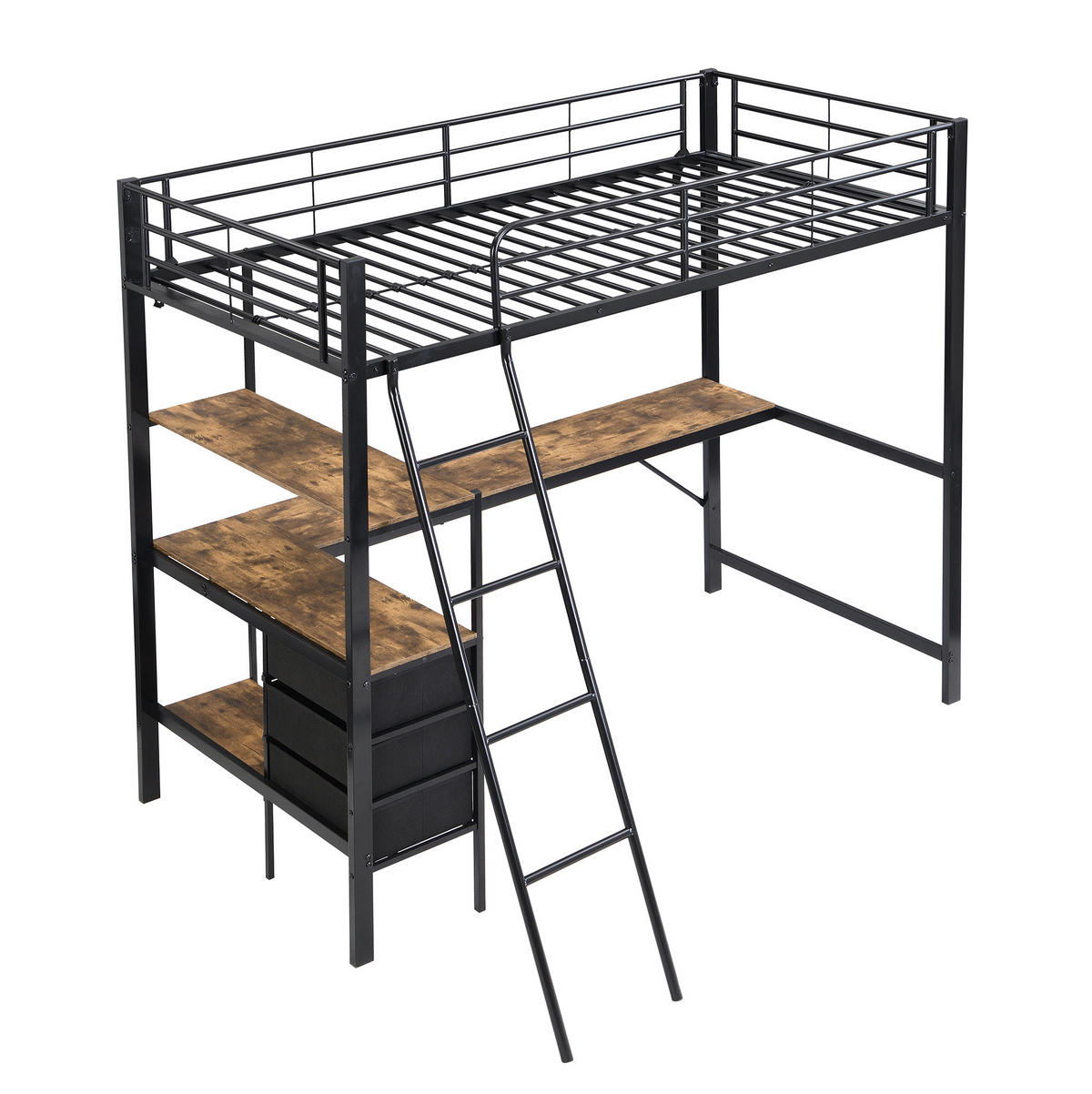 HOCHBETT 90/200 cm in Schwarz mit 2 m Schreibtisch und 3 Schubladen - Schwarz, Metall (90/200cm) - Flora Grace