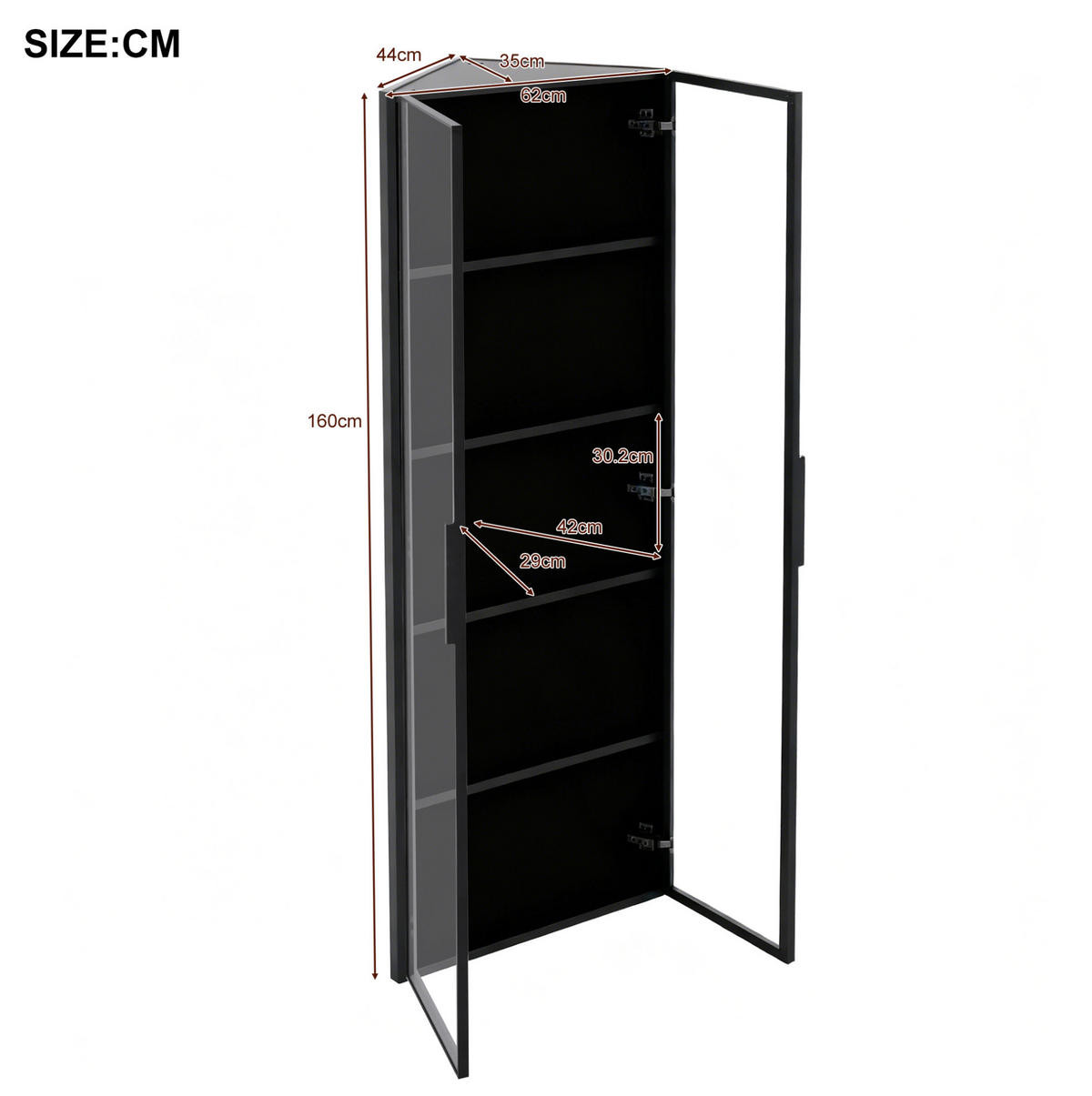 ROHOVÁ vitrína z MDF a skla, 62/35/160 cm, černá, s LED osvětlením - černá, kompozitní dřevo (62/160/35cm) - BEAOK