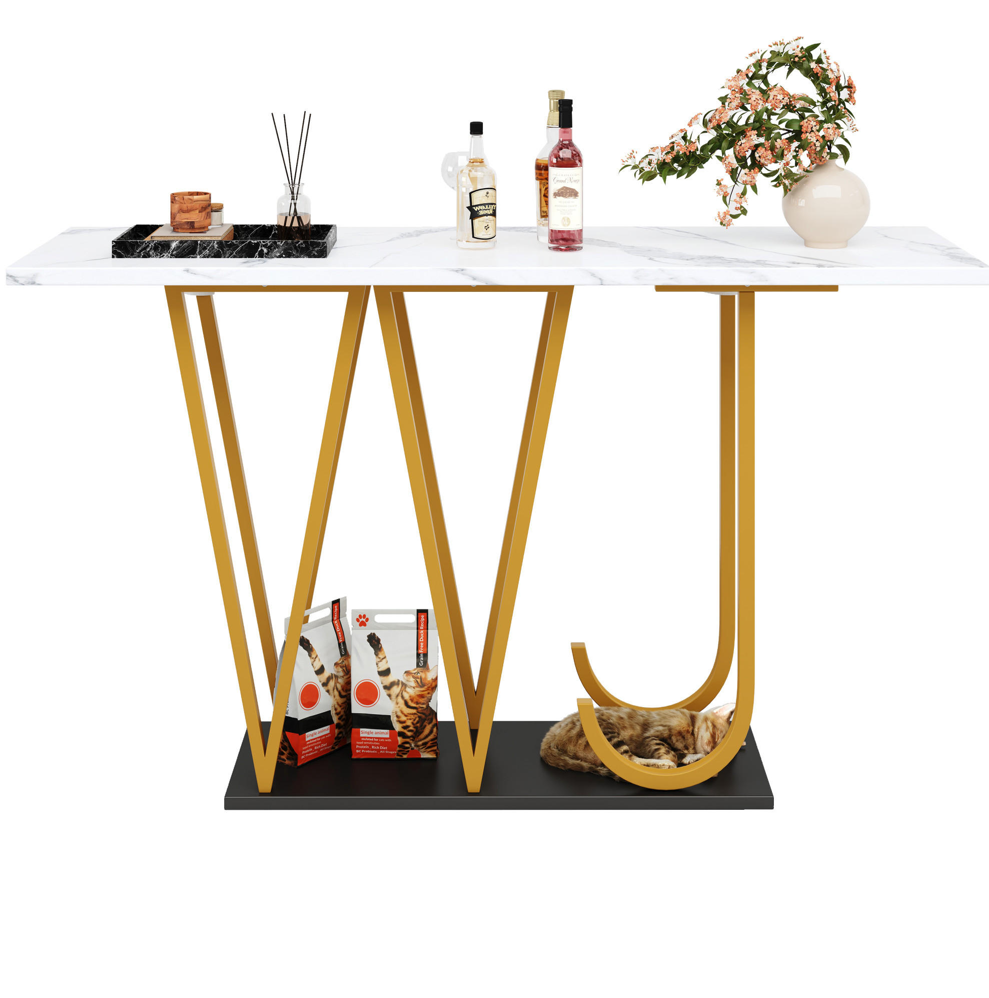 Modfu KONZOLOVÝ stolek z MDF a kovu 120x29,5x80 cm bílý se zlatými nohami, s mramorovým dekorem a odkládacím prostorem