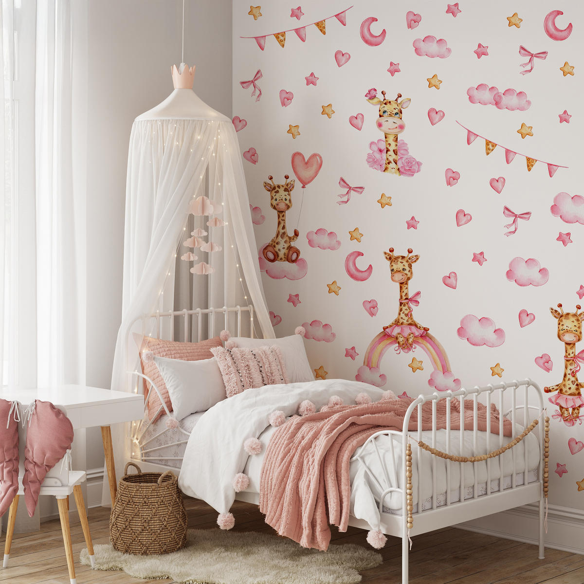 STICKER SET für Kinder Giraffen rosa Wolken Monde Sterne 60x30 - Gelb/Beige, Papier (60/30/1cm) - Muralo