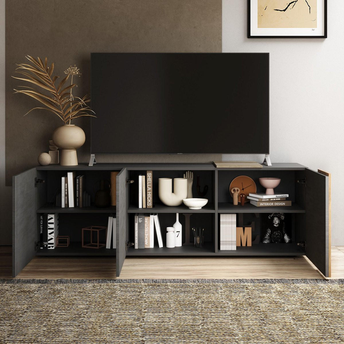 TV-MÖBEL 3 Schwingtüren Pluton - L181 cm - Apfelbaumfarben, Holzwerkstoff (44/57/181cm) - Calicosy