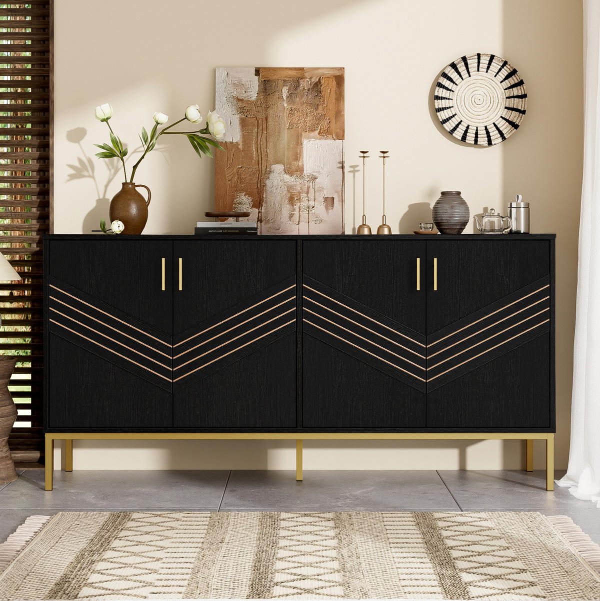 SIDEBOARD 160/40/80,5 cm in Schwarz mit 4 Türen und verstellbaren Einlegeböden - Schwarz, Holzwerkstoff (160/80.5/40cm) - Flora Grace