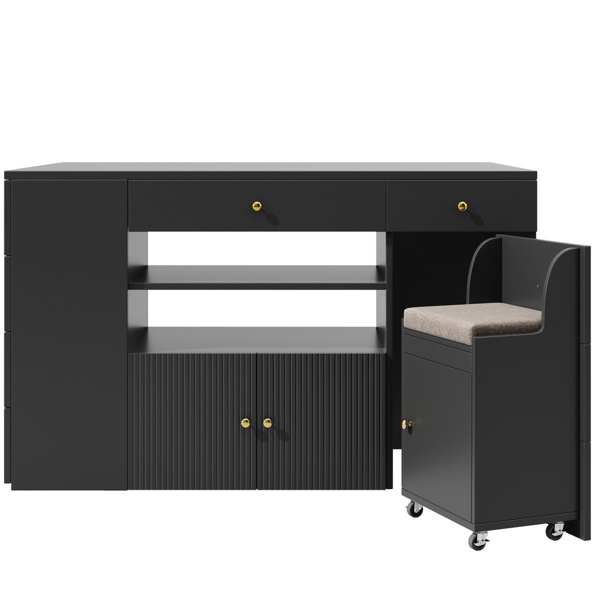 KÜCHENINSEL aus MDF mit 6 Schubladen & Hocker, 140/40(70)/89 cm, Schwarz - Schwarz, Holzwerkstoff (40/89/140cm) - Redom