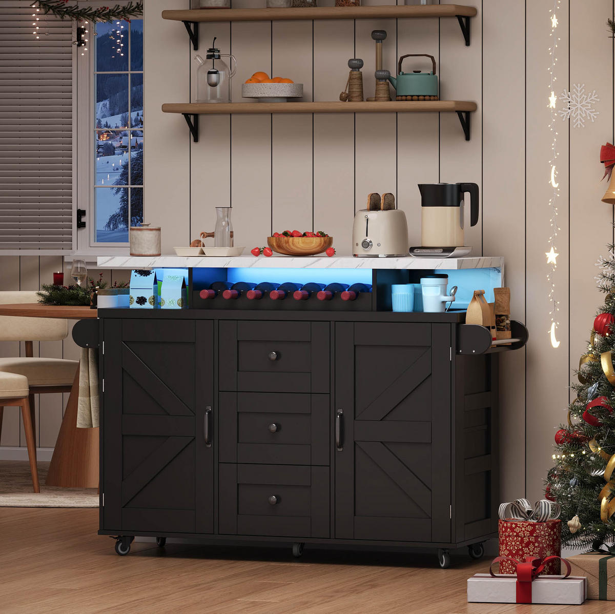 KÜCHENINSEL aus MDF 138x60x93 cm Schwarz mit klappbarer Arbeitsplatte, LED-Beleuchtung und 5 Rollen - Schwarz, Holzwerkstoff (138/93/60cm) - Modfu