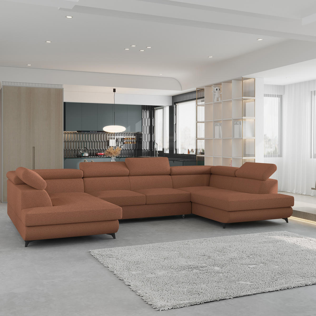 WOHNLANDSCHAFT VINTESSA Kupferfarben Boucle-Stoff mit Schlaffunktion - Kupferfarben, Holz (323/89/190cm) - MASSENO