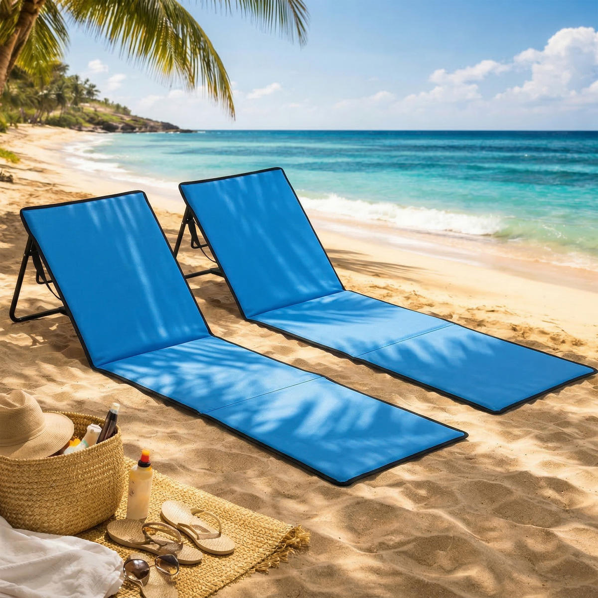 STRANDLIEGE, klappbar, verstellbare Rücklehne, Tragegurt, weiche Polsterung, Stahlrahmen, Blau, 142x51x40cm - Blau, Metall (142/40/51cm)