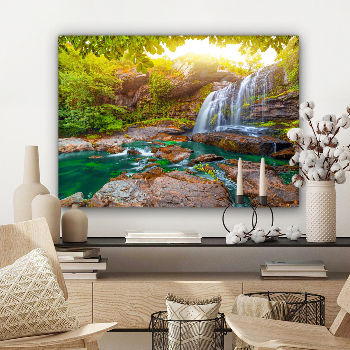 LEINWANDBILD Natur - Wasserfall - Pflanzen - Bäume - Sonne Wandbilder 80x60 cm - Olivgrün, Textil (80/60cm) - MuchoWow