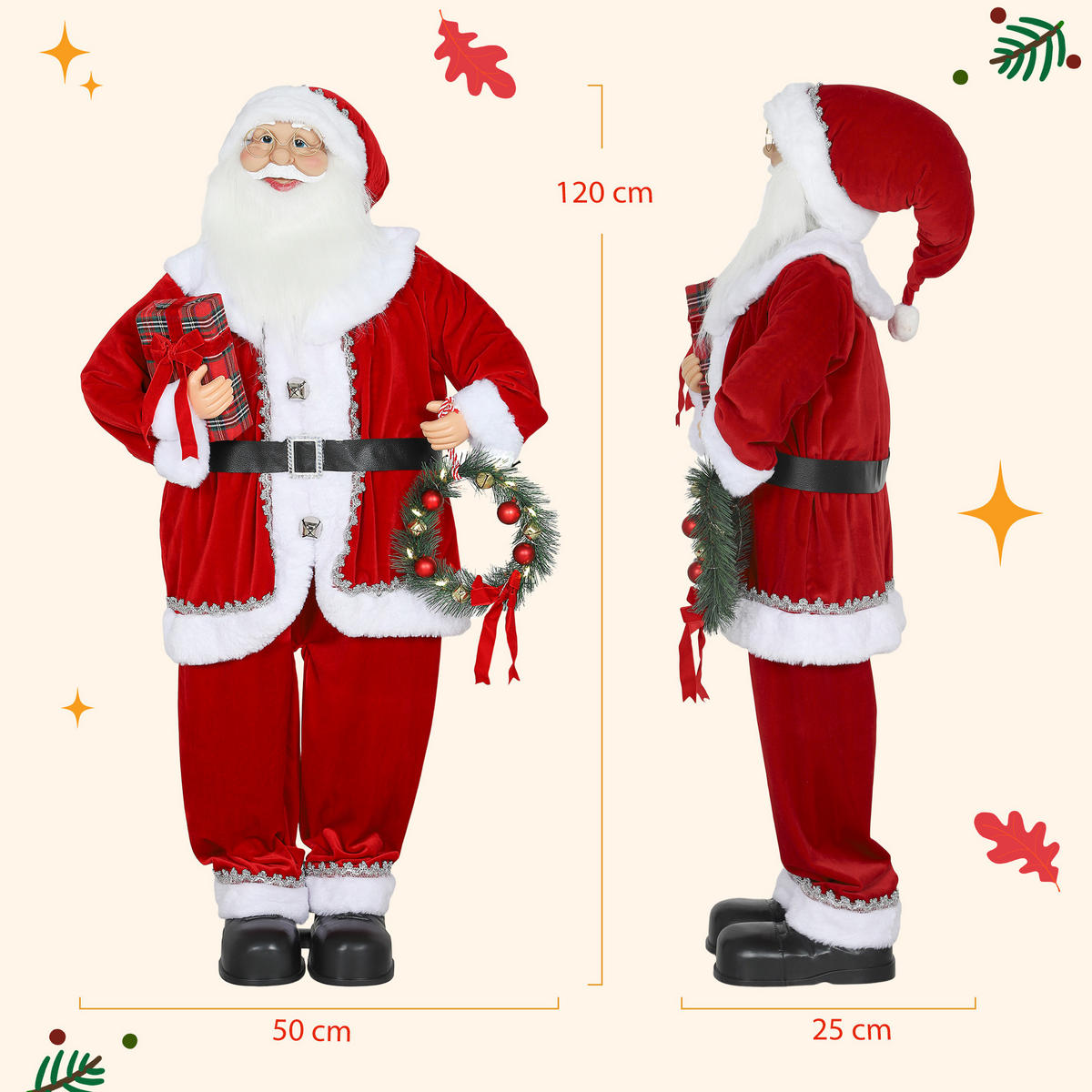WEIHNACHTSMANN, Weihnachts-Dekoration, mit Geschenk & Weihnachtskranz, Rot - Rot, Textil (25/120/50cm) - HOMCOM