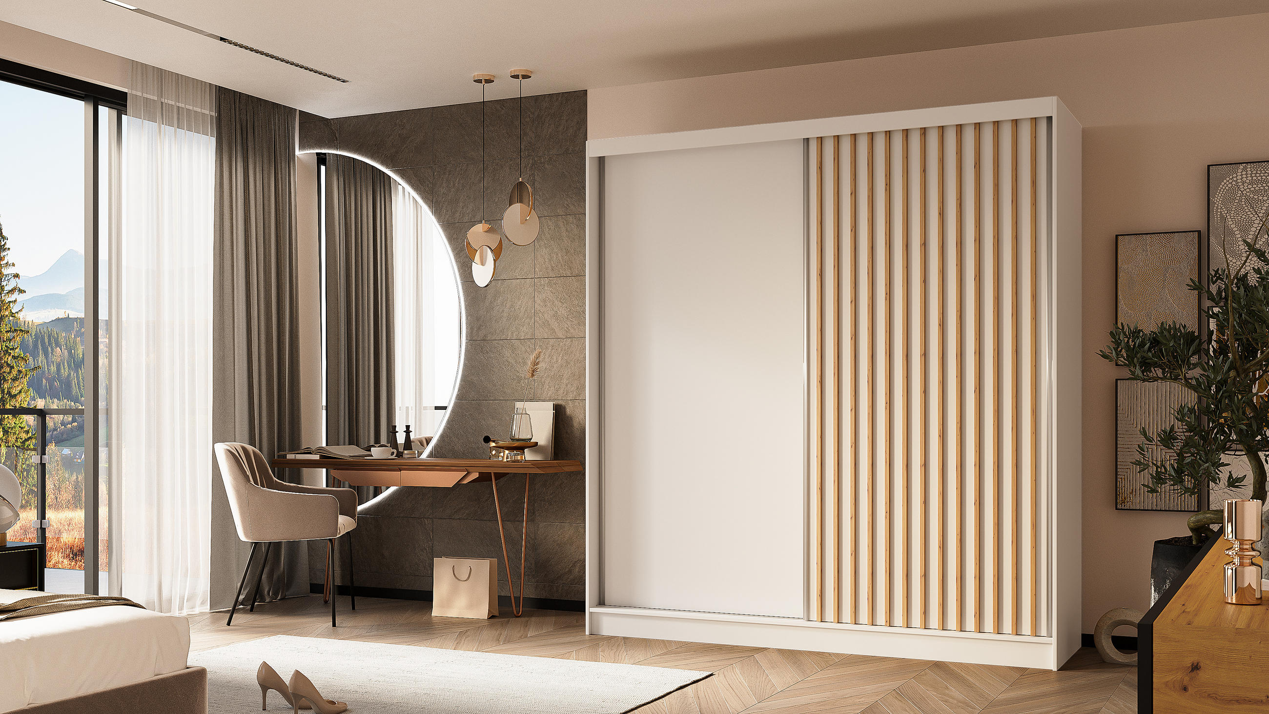 KLEIDERSCHRANK mit furnierten Schiebetüren und Aluminium-Leisten, LED-Beleuchtung - LABELO - 200 cm Weiß+Weiß+Artisan - Weiß/Eiche Artisan, Holzwerkstoff (200/216/61cm) - ALTDECOR
