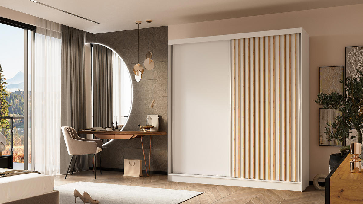 KLEIDERSCHRANK mit furnierten Schiebetüren und Aluminium-Leisten, LED-Beleuchtung - LABELO - 200 cm Weiß+Weiß+Artisan - Weiß/Eiche Artisan, Holzwerkstoff (200/216/61cm) - ALTDECOR