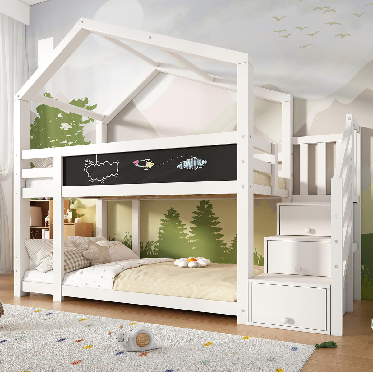 POSCHODOVÁ posteľ 90/200 cm biela s tabuľou a úložnými schodmi z masívneho dreva a MDF - biela, kompozitné drevo (90/200cm) - OKWISH