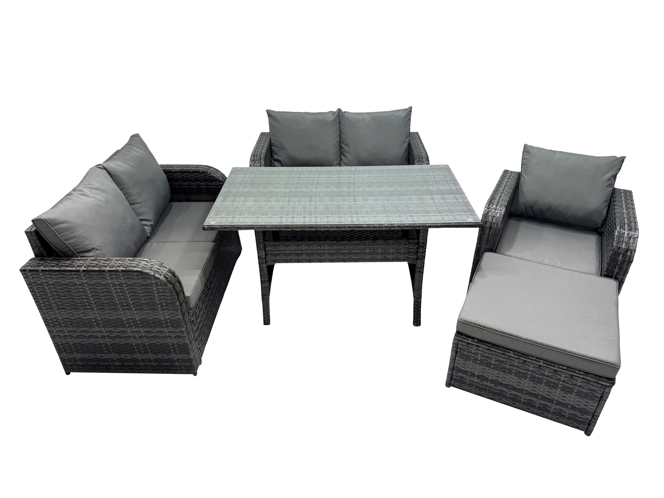 Gartenmöbelset mit Esstisch,Hocker,Polyrattan Dunkelgrau 6-Sitzer - Dunkelgrau/Grau, Glas/Kunststoff - Fimous