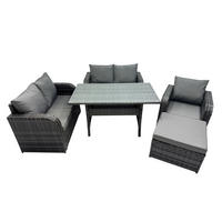 Gartenmöbelset mit Esstisch,Hocker,Polyrattan Dunkelgrau 6-Sitzer - Dunkelgrau/Grau, Glas/Kunststoff - Fimous