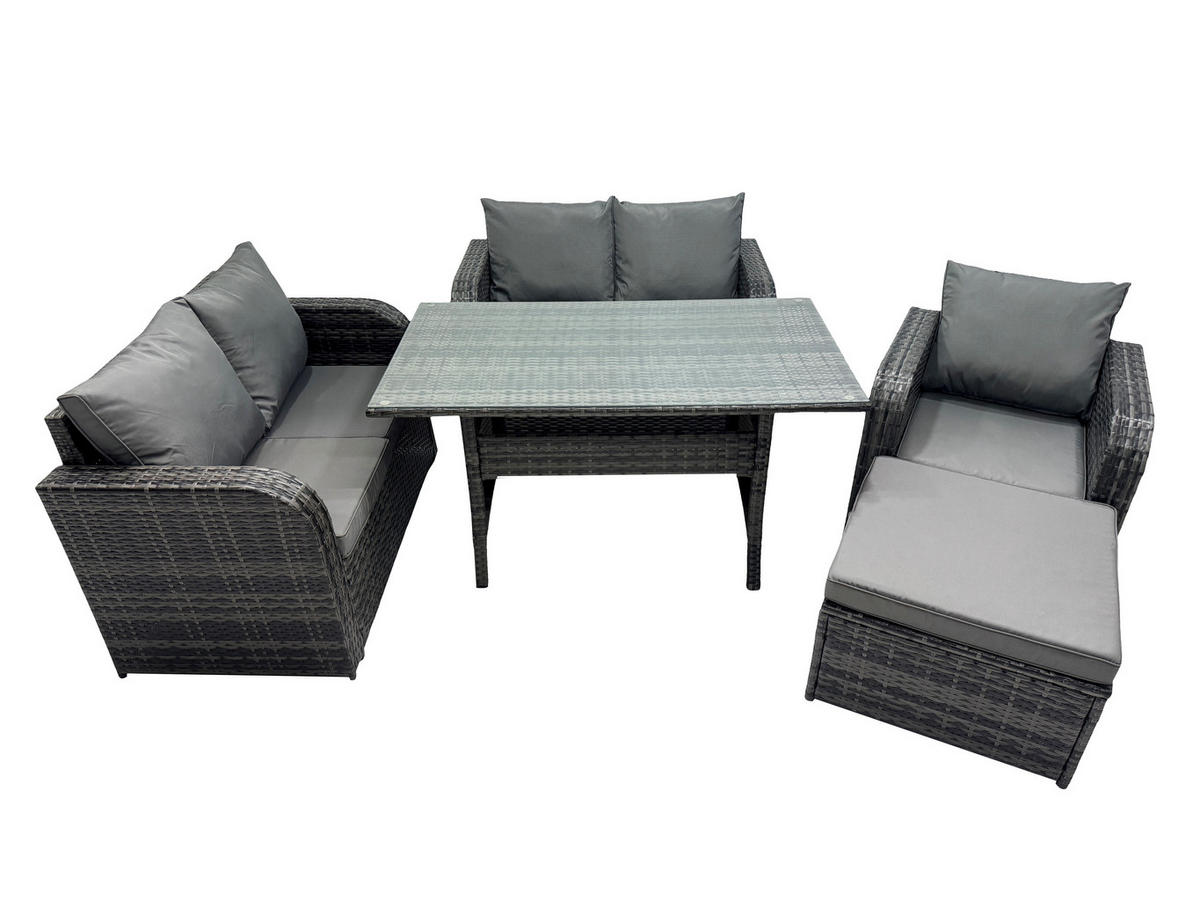 Gartenmöbelset mit Esstisch,Hocker,Polyrattan Dunkelgrau 6-Sitzer - Dunkelgrau/Grau, Glas/Kunststoff - Fimous