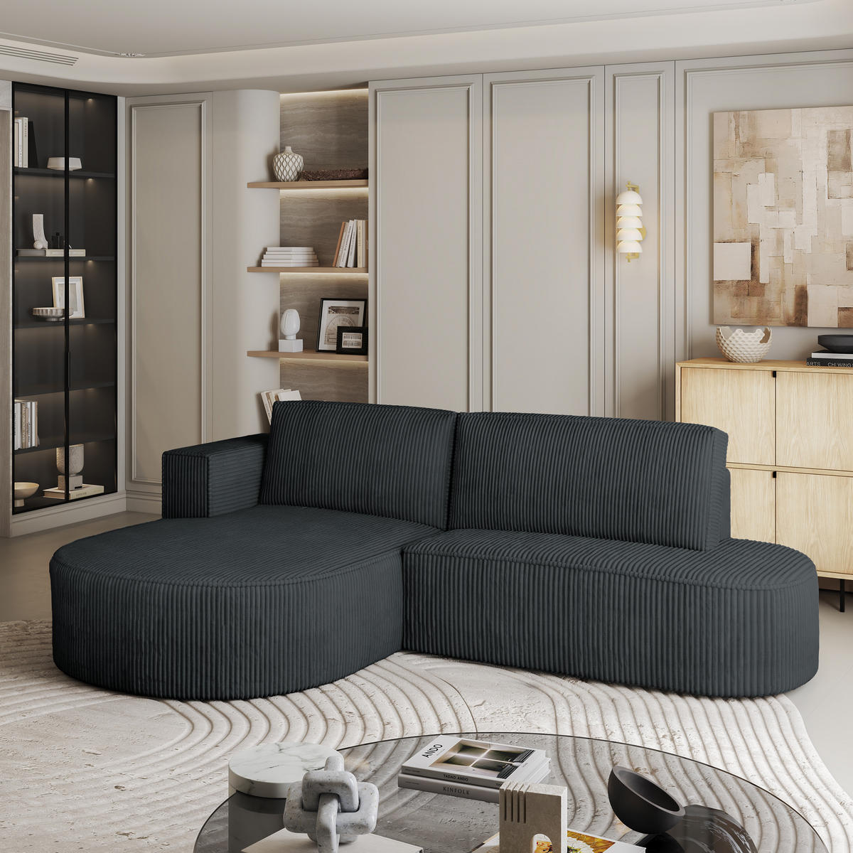 ECKSOFA CORTIO P L-S Graphitfarben Kordstoff mit Schlaffunktion - Graphitfarben, Holz (265/174cm) - MASSENO