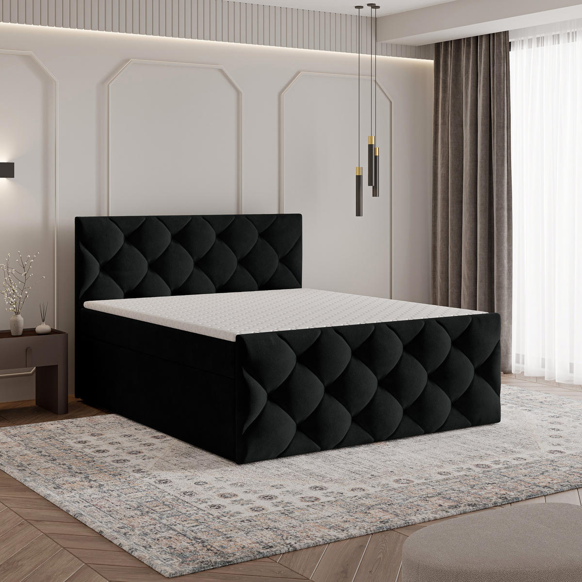 BOXBETT ROVARI 180x200 cm mit Matratze und Topper - Schwarz - Schwarz, Holz (180/200cm) - MASSENO