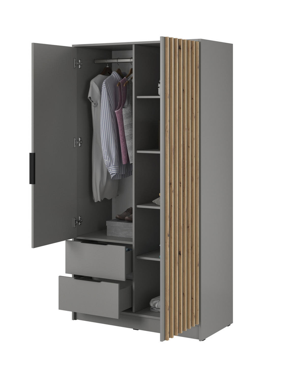 KLEIDERSCHRANK 100 cm Fioro - 2 Türen, Lamellen, Schubladen, Grau - Grau, Holz (105/200/51cm) - Emporius