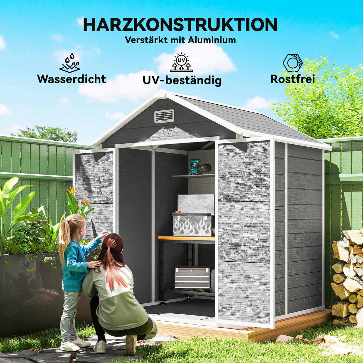 GARTENSCHUPPEN DE-08113 mit Boden, Fenster & Holzoptik Grau - Grau, Kunststoff (151/219/182cm) - ComfortXL
