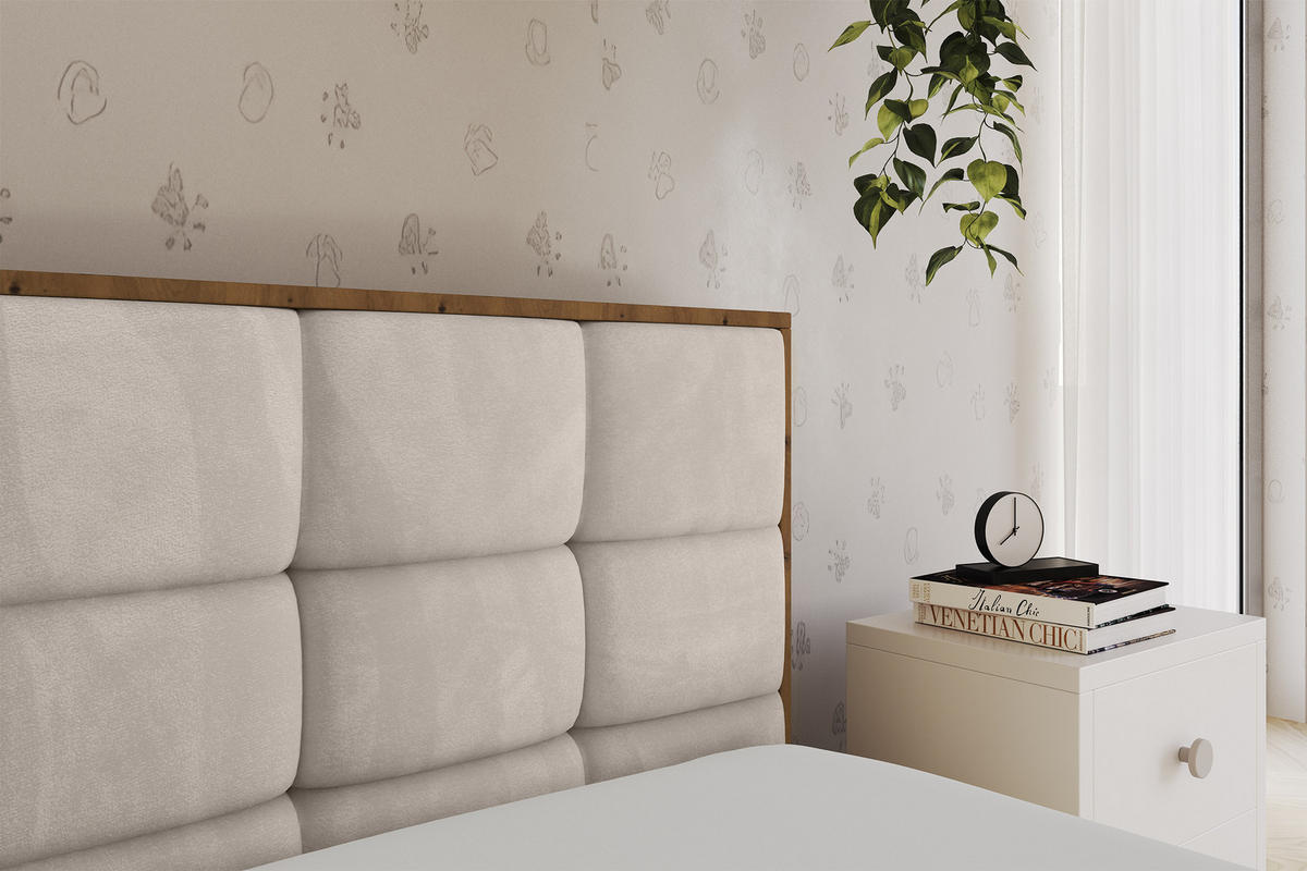EINZELLBETT Jugendbett mit Bettkasten und Matratze H3/H4, Links - SOVY 90x200 Beige - Ecru, Holzwerkstoff/Textil (90/200cm) - ALTDECOR
