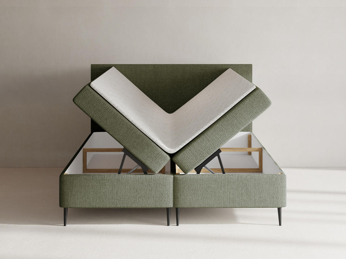 BOXBETT Alba Rise mit Bettkasten, Grün Chenille 140x200 cm – inkl. H4 Taschenfederkern Matratze & Foam Topper - Schwarz/Grün, Holz/Textil (140/200cm) - WFL GROUP