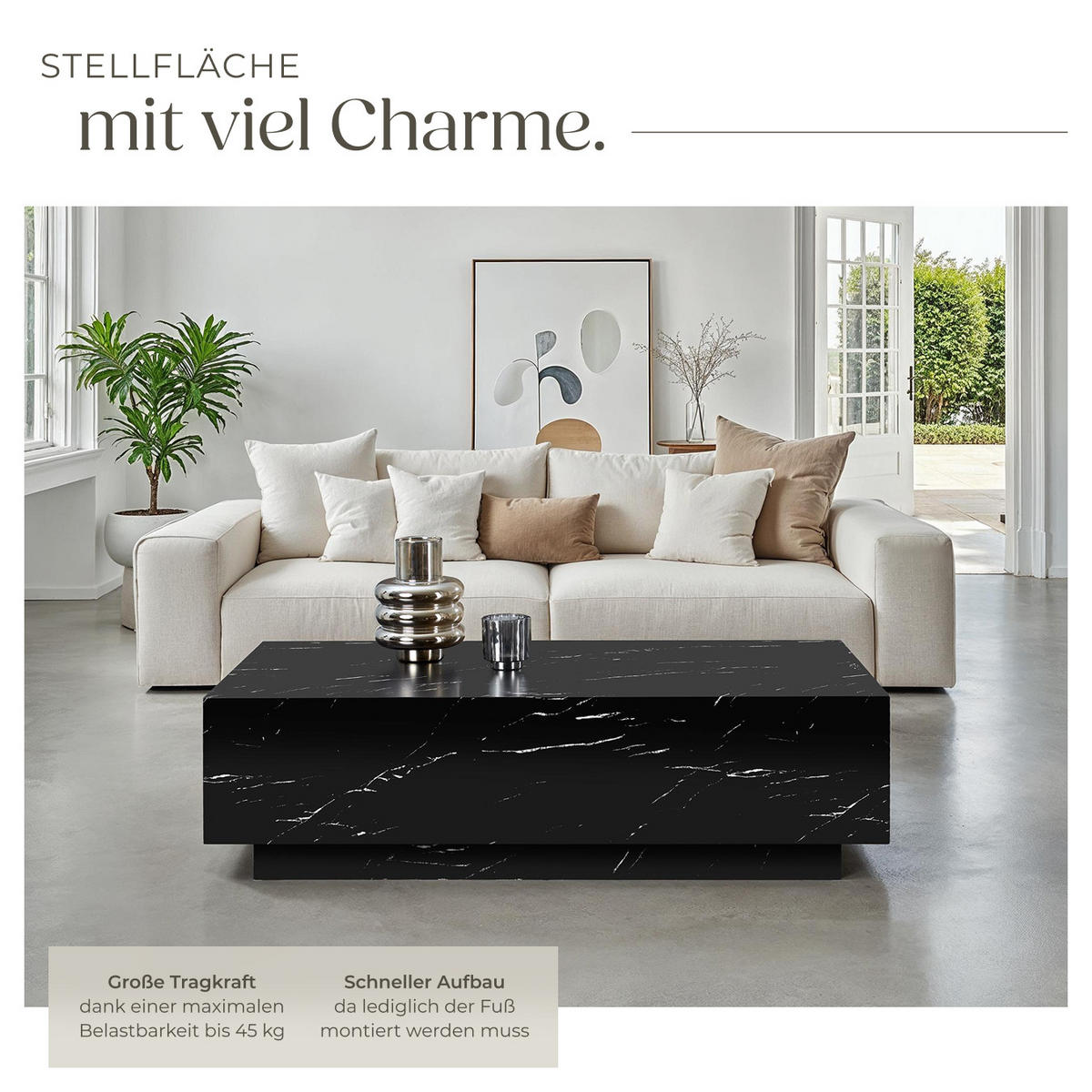 COUCHTISCH Lasley,inkl. Bodenschoner, Belastbarkeit 45 kg,Marmor Optik schwarz - Schwarz, Holz (60/120/35cm) - tectake