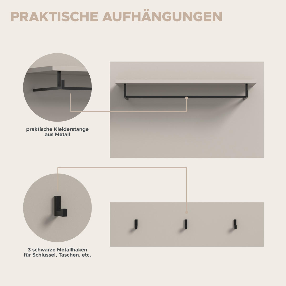 GARDEROBE Nova 3-tlg. (B/H/T: ca. 160/190/37 cm) in Basalt grau/weiß - Kaschmir, Holzwerkstoff (160/190/37cm) - Homes & Jones