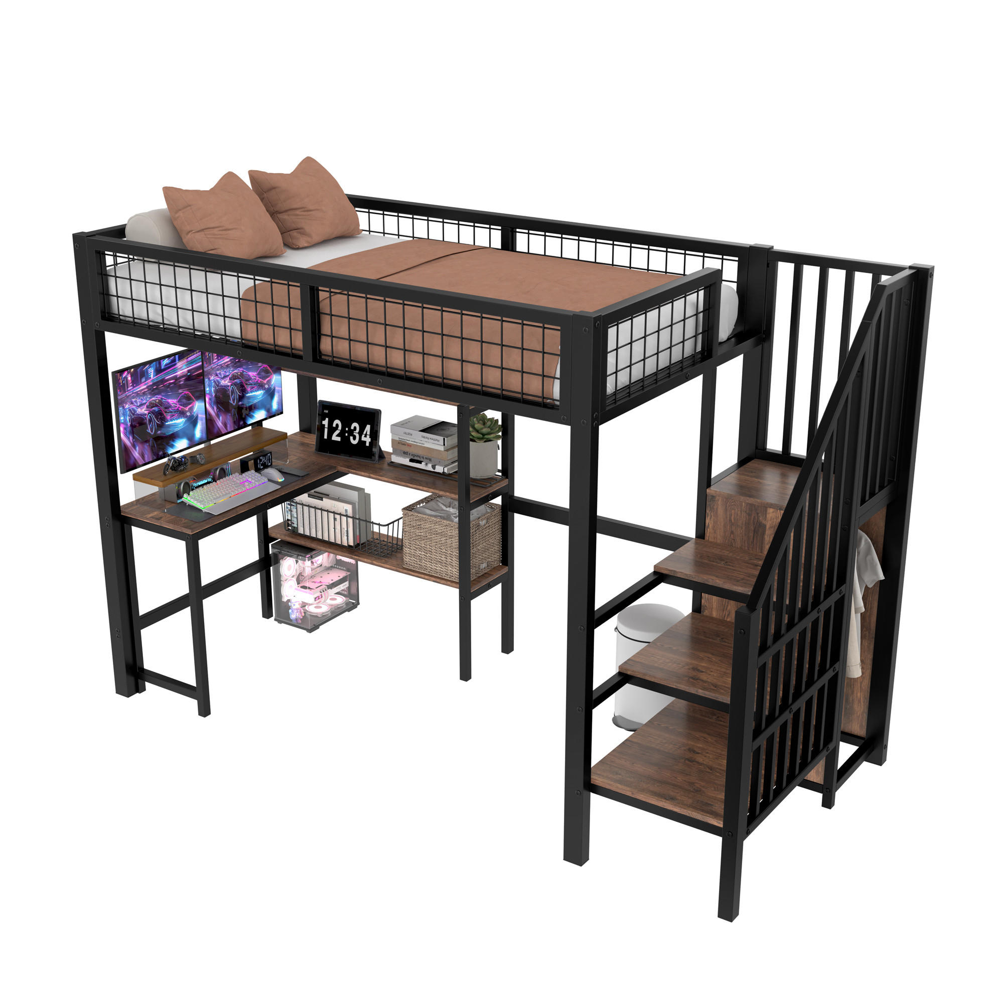 HOCHBETT mit Schreibtisch 90/200 cm in Schwarz/Braun – mit Regalen und Schrank - Schwarz, Holzwerkstoff (90/200cm) - BEAOK