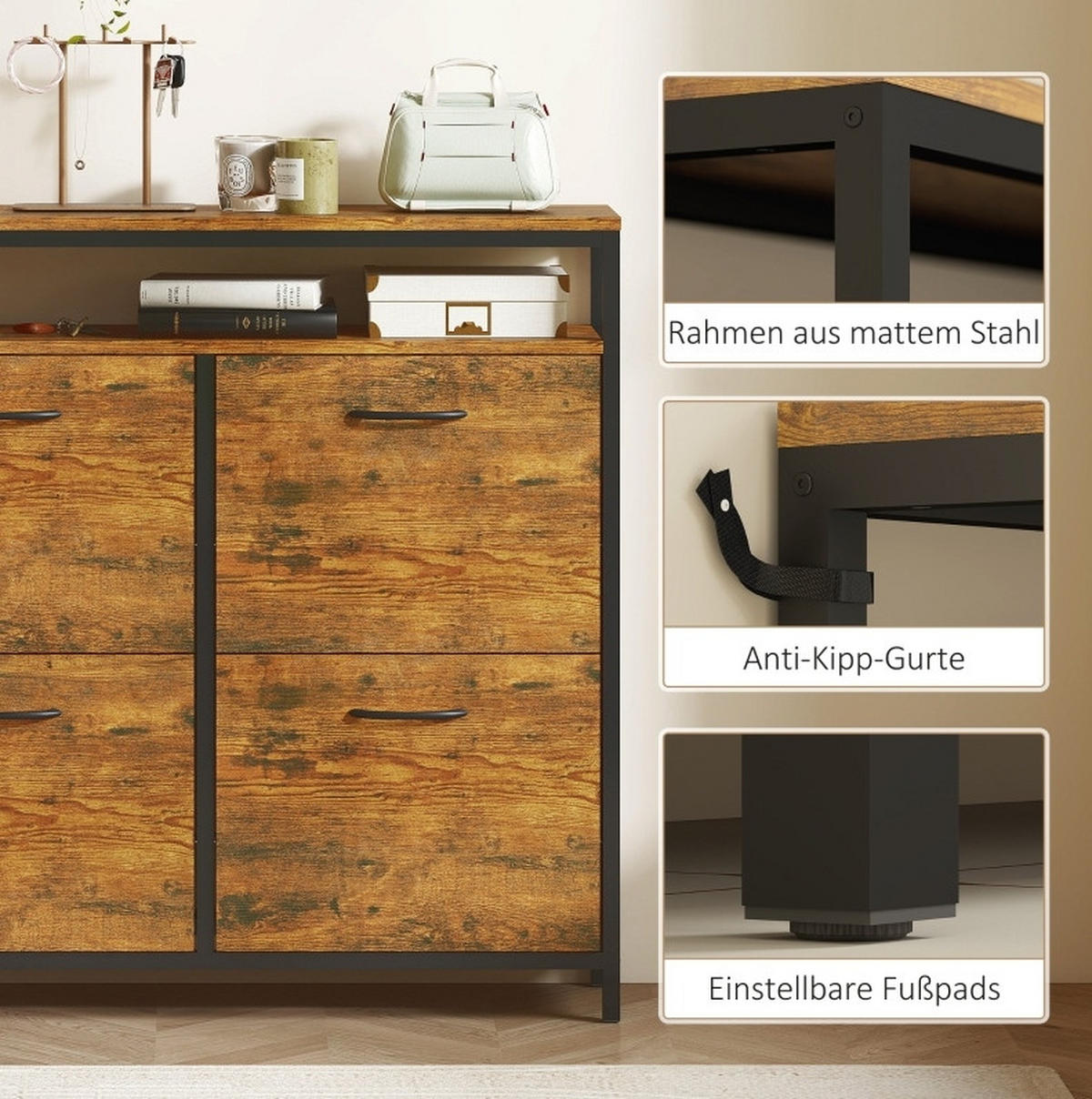 SCHUHSCHRANK mit 4 Klappschubladen 98 x 24 x 95 cm Holzoptik Braun - Braun, Holz (24/95/98cm) - Beauniv