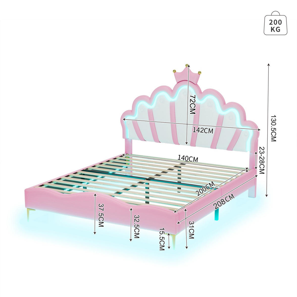 POLSTERBETT 140x200 cm Prinzessin Traum mit Kronen-Kopfteil und intelligenter LED-Beleuchtung, Kunstleder Pink & Weiß - Pink, Textil (140/200cm) - DELFA
