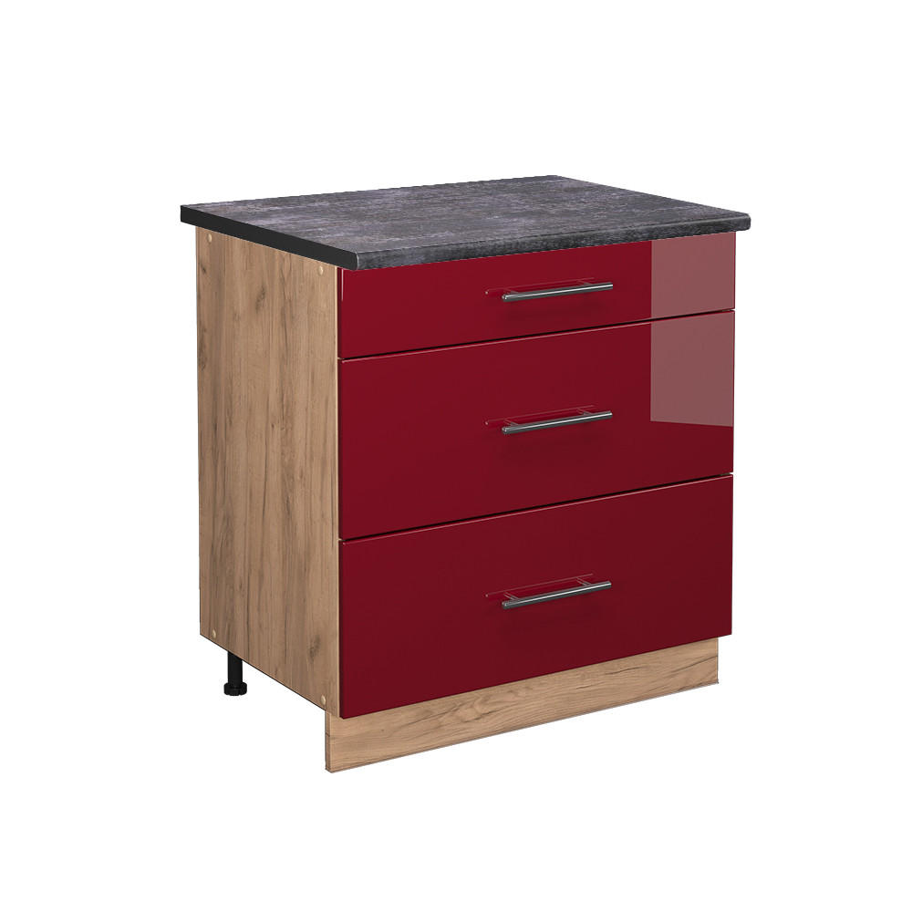 KÖKSUNDERSKÅP Fame-Line Bordeaux högblank 80 cm med 3 lådor, AP antracit Bordeaux, Honungsek 82/80/60 cm