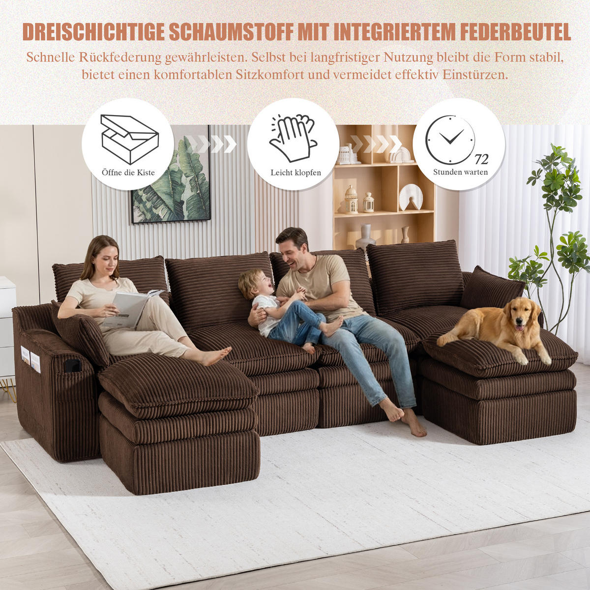 WOHNLANDSCHAFT Cord Braun mit Kissen, Seitentaschen und Hocker - Braun, Textil (335/85/167cm) - WISHDOR
