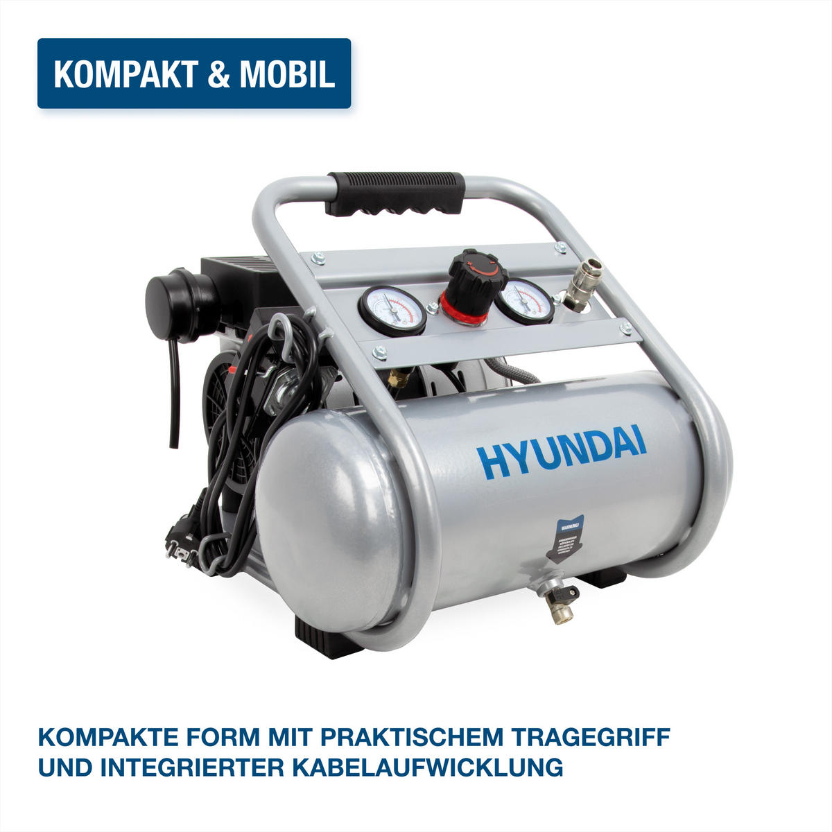 SILENT Kompressor SAC75008 (9 bar, 8L, tragbar, ÖLFREI, 49 dB, 750 W / 1 PS) - Silberfarben, Metall (41/41/35cm) - HYUNDAI