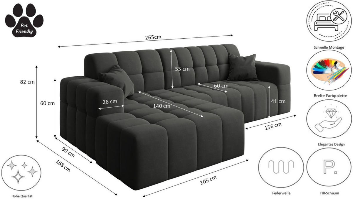 ECKSOFA L-förmiges Nimes Velours Stoff Schwarz Links - Schwarz, Holz/Kunststoff (168/265cm) - Kaiser Möbel