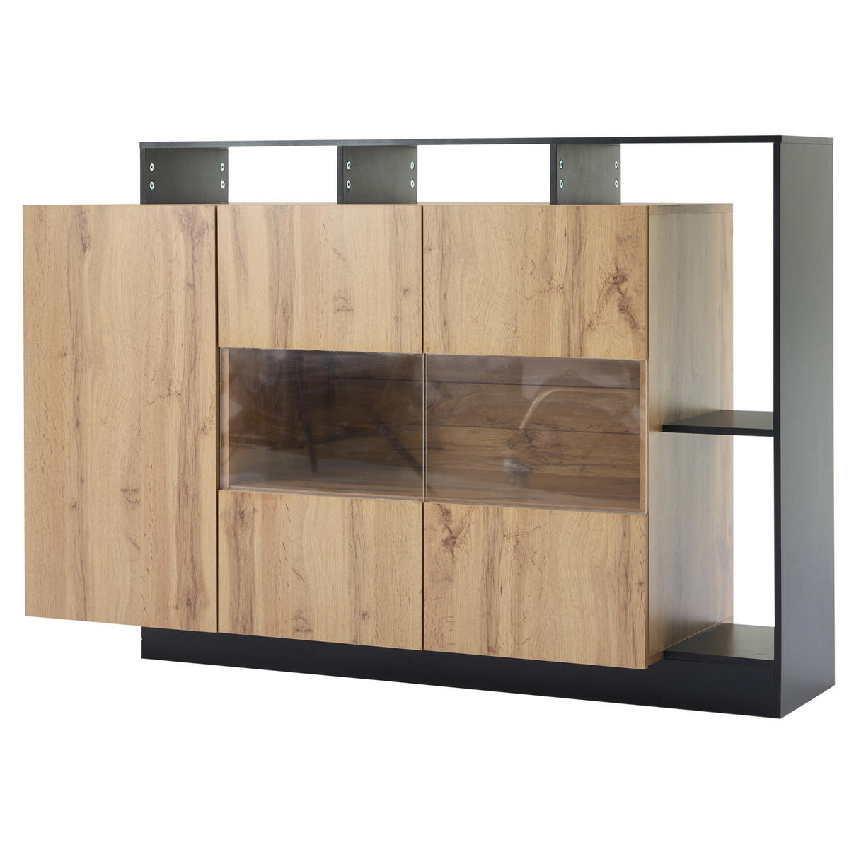 KOMODA 140/44/93,5 cm v barvi lesa s črnim okvirjem z LED-osvetlitvijo in nastavljivimi policami iz MDF in akrila - naravne barve, leseni material (140/93.5/44cm) - OKWISH