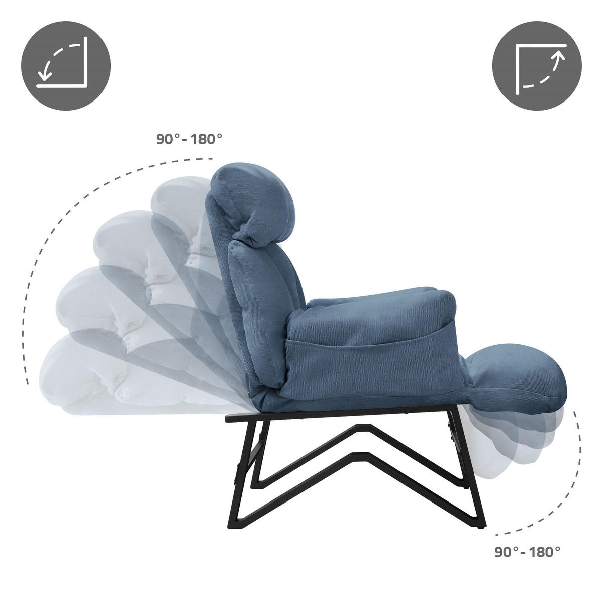 RELAXSESSEL Blau Leinenbezug verstellbar mit Armlehnen und Fußablage - Blau/Schwarz, Textil/Metall (85/102/82cm) - ML-DESIGN