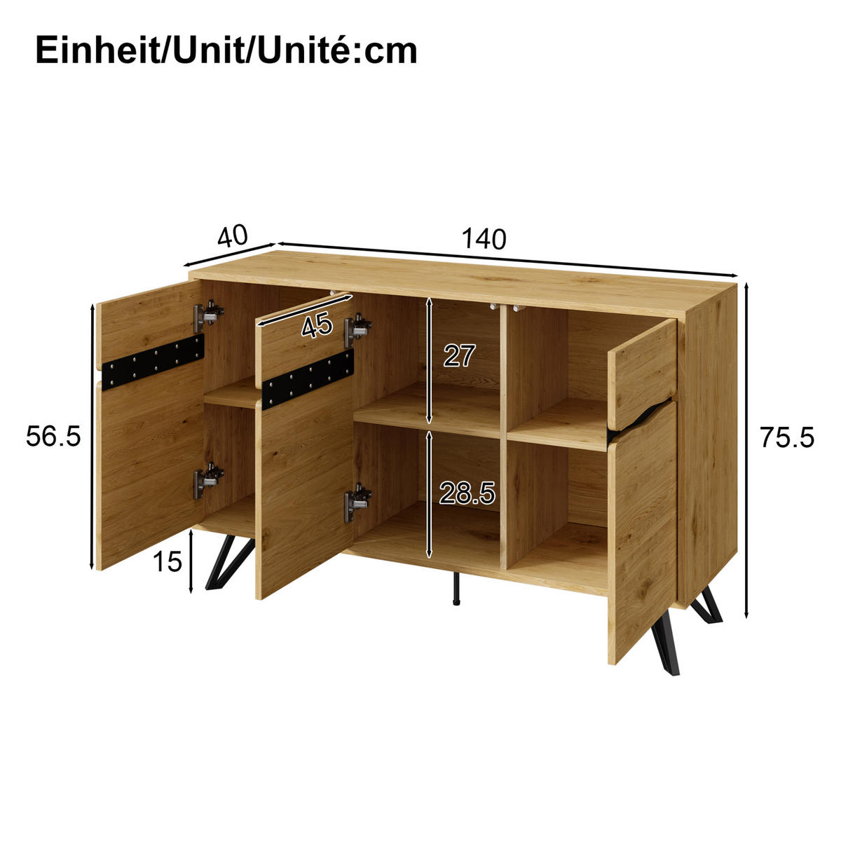 SIDEBOARD aus Spanplatte in Holzoptik mit 3 Türen und Metallbeinen, 140/40/75,5 cm,Naturfarben - Naturfarben, Holzwerkstoff (40/75.5/140cm) - Redom