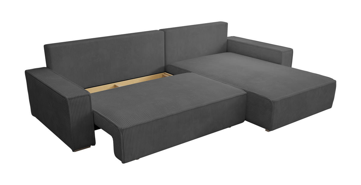 ECKSOFA Alice mit Bettkasten und Schlaffunktion, Cordstoff in L-Form - Dunkelgrau, Textil (289/184cm)