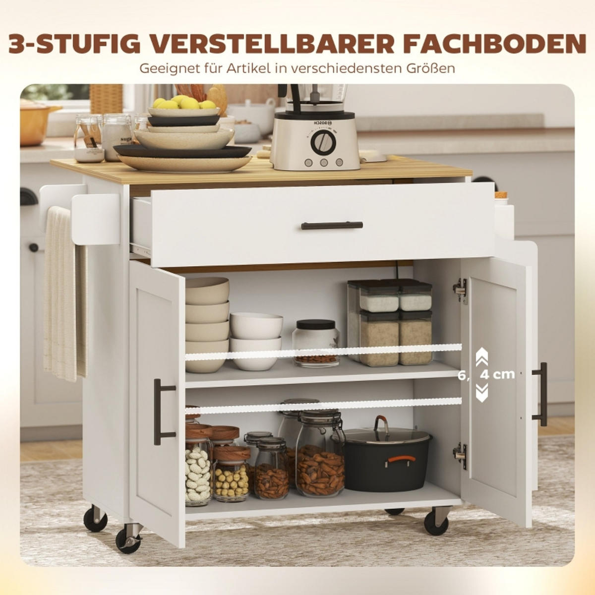 KÜCHENINSEL MIT ABKLAPPBARER ARBEITSPLATTE, Für Esszimmer Und Küche, 120/68/85 cm - Weiß, Holzwerkstoff (68/85/120cm) - Rolipo