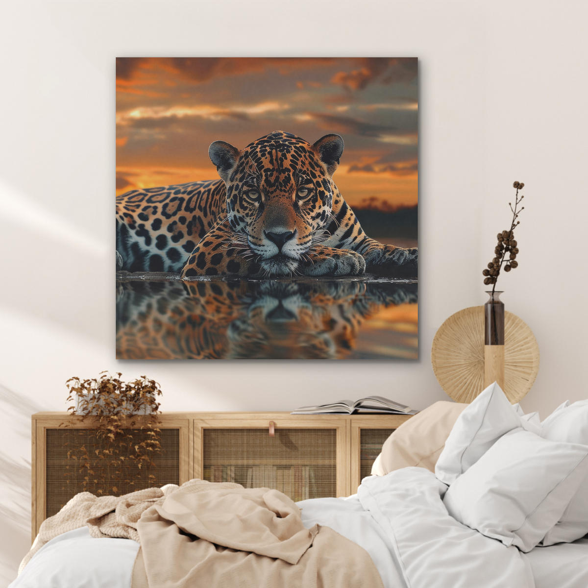 AKUSTIKPANEEL Natur - Leopard - Tier - Sonnenuntergang - Modern 90x90 cm - Orange, Textil (90/0.9/90cm) - MuchoWow