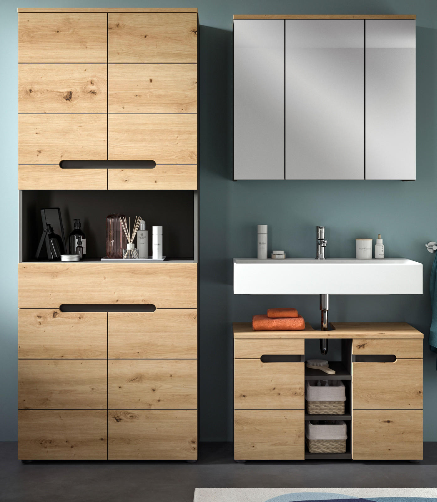 BADMÖBEL-SET Eiche, grau 3-teilig 171 cm, Komplettset mit Soft-Close - Schwarz/Eiche Artisan, Glas/Holzwerkstoff (171/193/34cm) - Inn.Furn