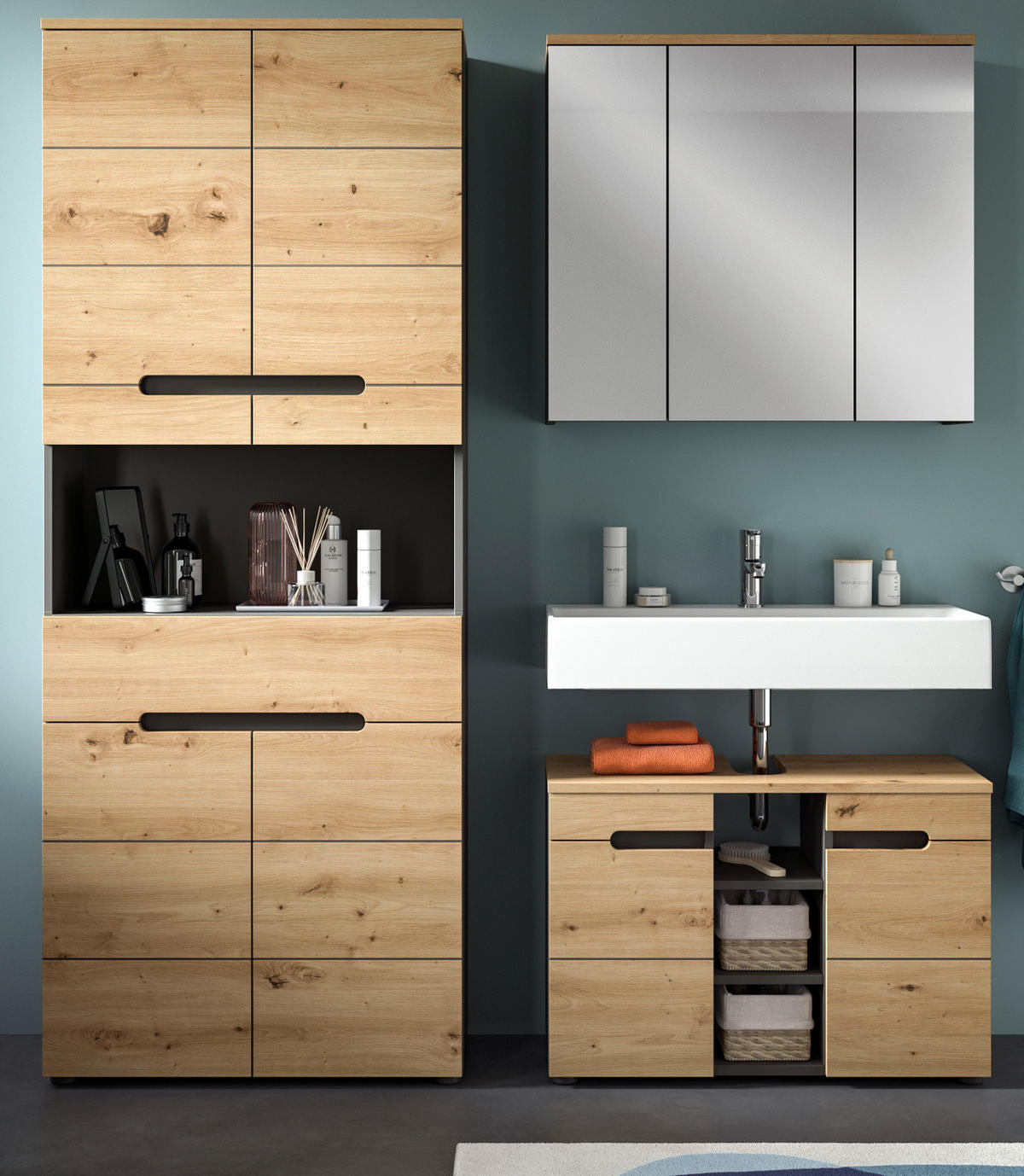 BADMÖBEL-SET Eiche, grau 3-teilig 171 cm, Komplettset mit Soft-Close - Schwarz/Eiche Artisan, Glas/Holzwerkstoff (171/193/34cm) - Inn.Furn