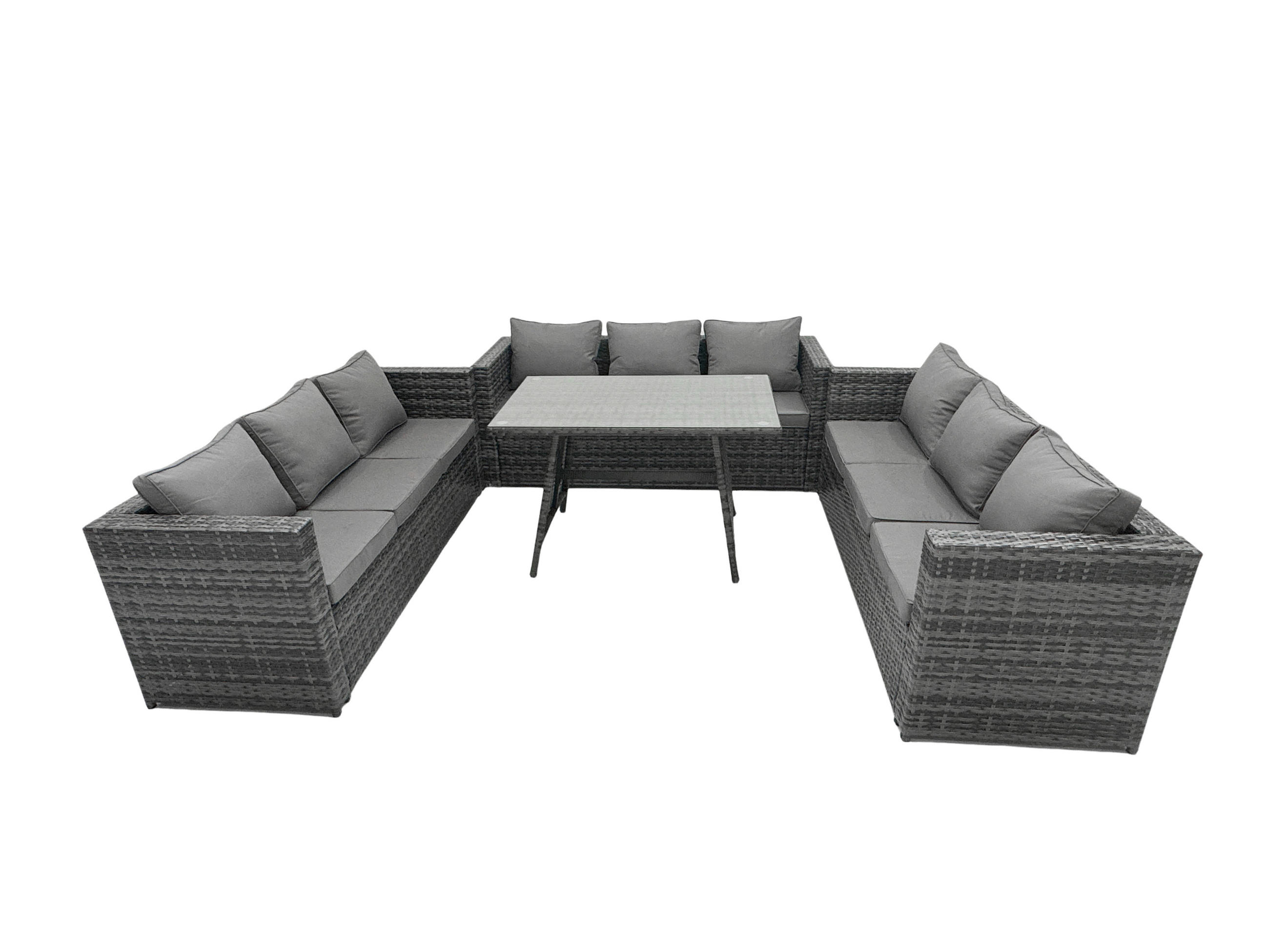 LOUNGESOFA SET Polyrattan 9-Sitzer - Dunkelgrau/Grau, Glas/Kunststoff - Fimous