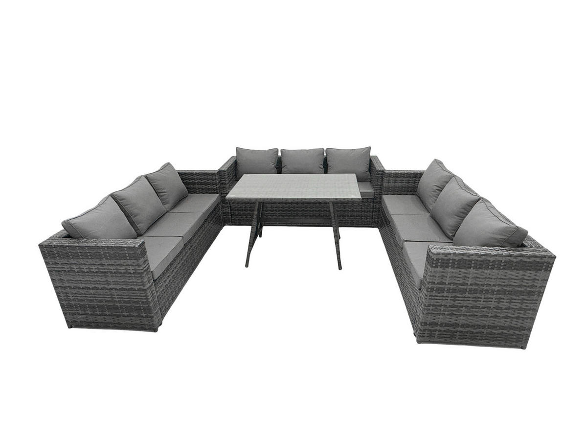 LOUNGESOFA SET Polyrattan 9-Sitzer - Dunkelgrau/Grau, Glas/Kunststoff - Fimous