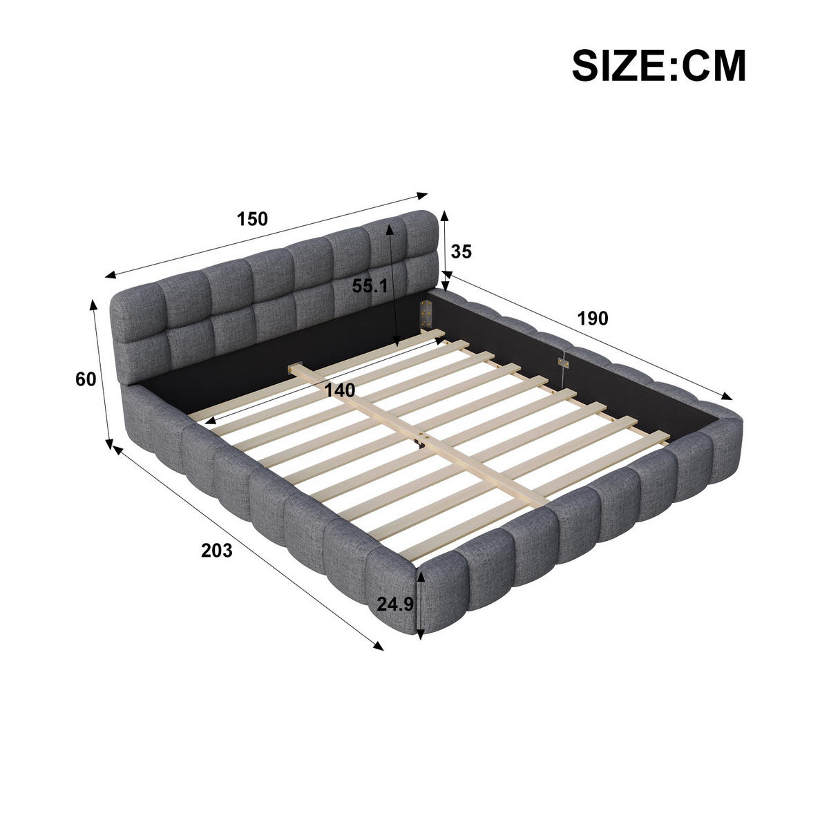 POLSTERBETT 140x190 cm Fleur Cloud mit Blumenrand-Design und weicher Rückenlehne, Leinen-Optik Grau - Grau, Textil (140/190cm) - DELFA