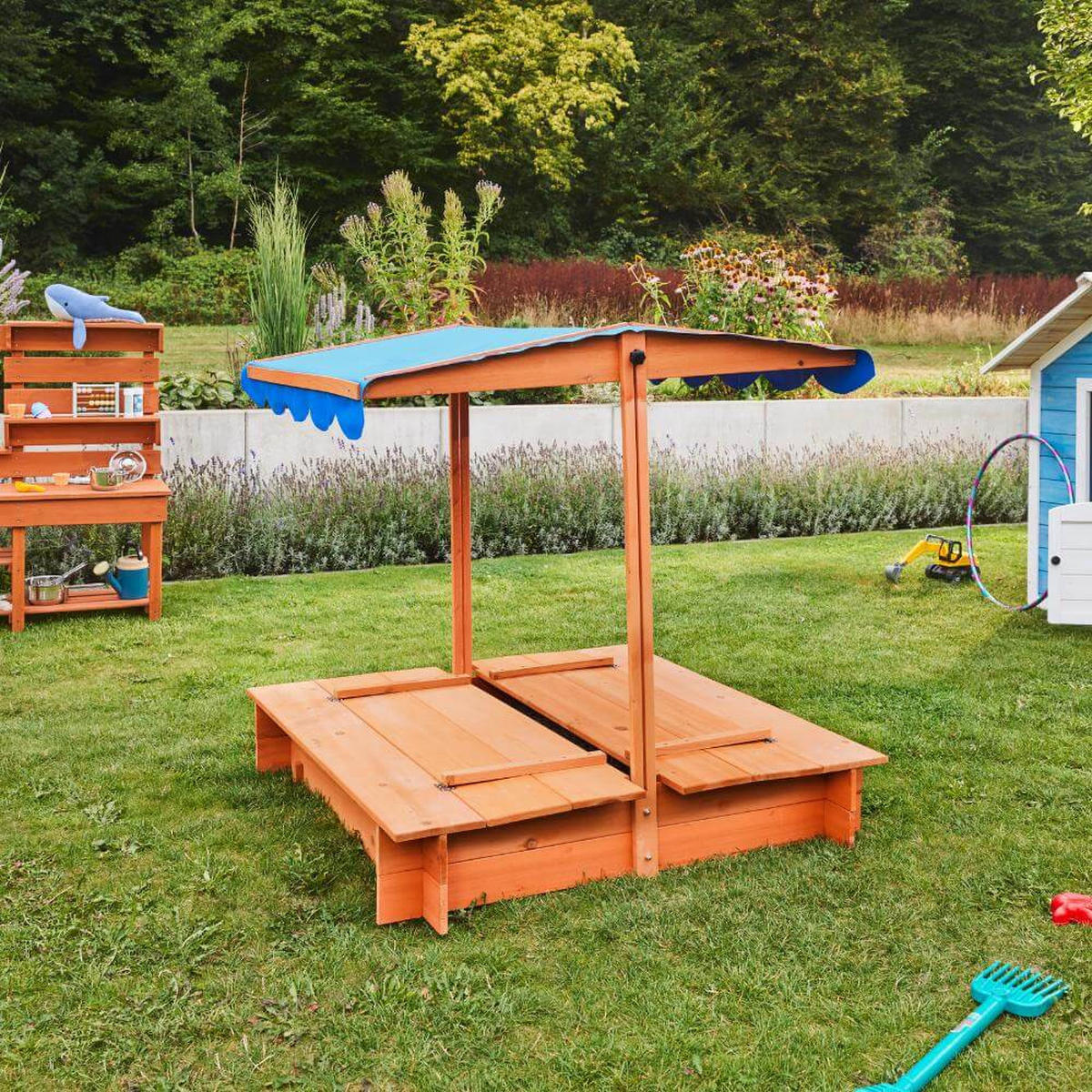 SANDKASTEN mit Sonnensegel BUDDELKISTE - 110 x 110 cm - Blau/Naturfarben, Holz (110/110/110cm) - Home Deluxe