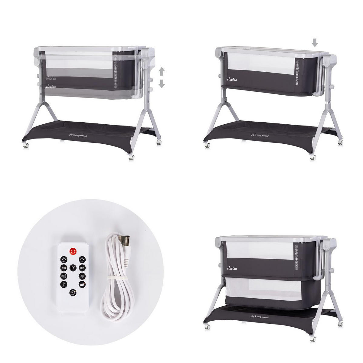 BEISTELLBETT Electra dunkelgrau 113 x 72 cm, Schaukelfunktion, 5-fach verstellbar, Moskitonetz, Korb - Schwarz, Metall (52/83cm) - Chipolino